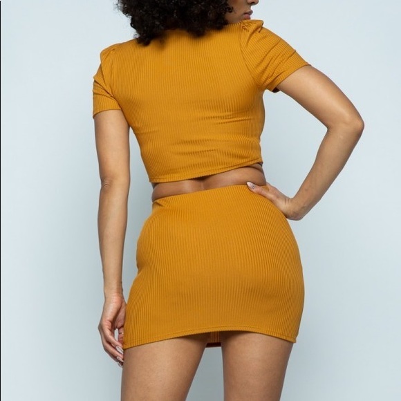Mustard Crop Top Mini Skirt Two Piece Set - Picture 3 of 8